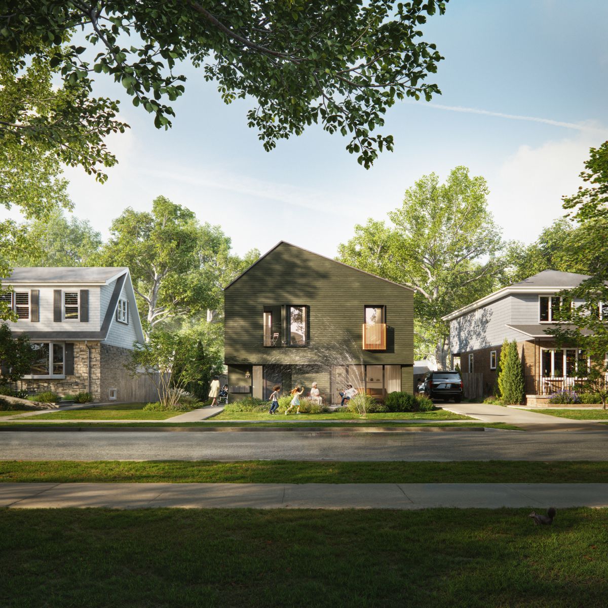 A 3D rendering of a home with a dark green facade in a  neighbourhood. 